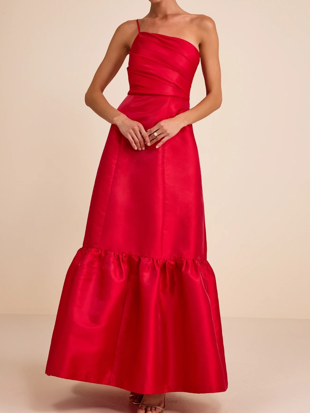 Lulus x The Devil Wears Prada Coco Red One Shoulder Taffeta Maxi Dress Small